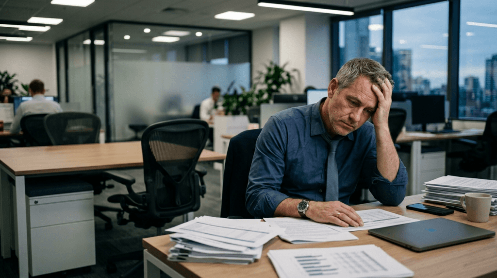 Erschöpfter Manager leidet unter Überlastung durch unbesetzte Stellen (Cost of Vacancy).